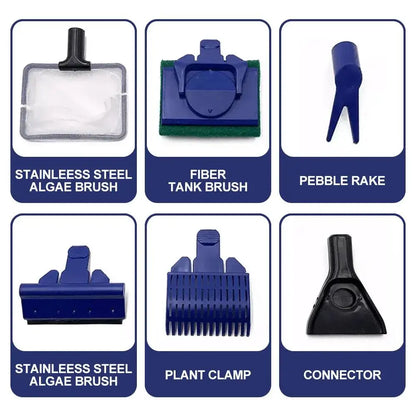 5-in-1 Aquarium Cleaning Tool Kit | Net, Algae Scraper, Sponge Brush, Plant Fork & Gravel Rake
