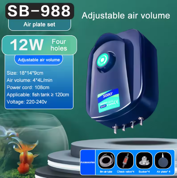 SOBO Silent Aquarium Oxygen Air Pump  Adjustable Air Volume and High Power Aerator