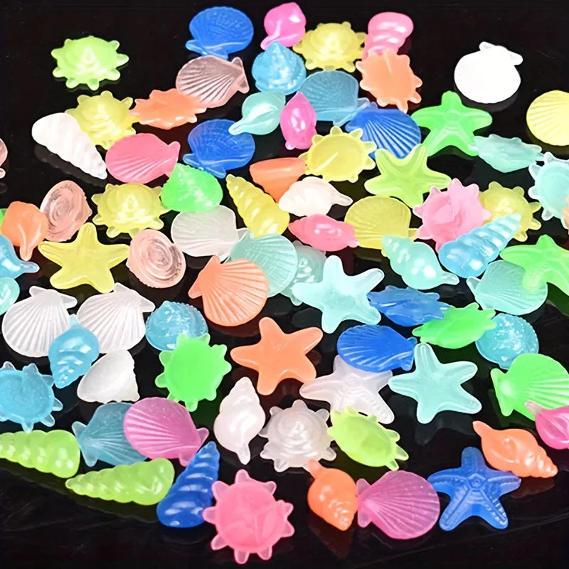 100PCS Marine Luminous Stones – Glow-in-the-Dark Aquarium Shell & Starfish Decor Stones for Landscapes, Tanks & Gardens