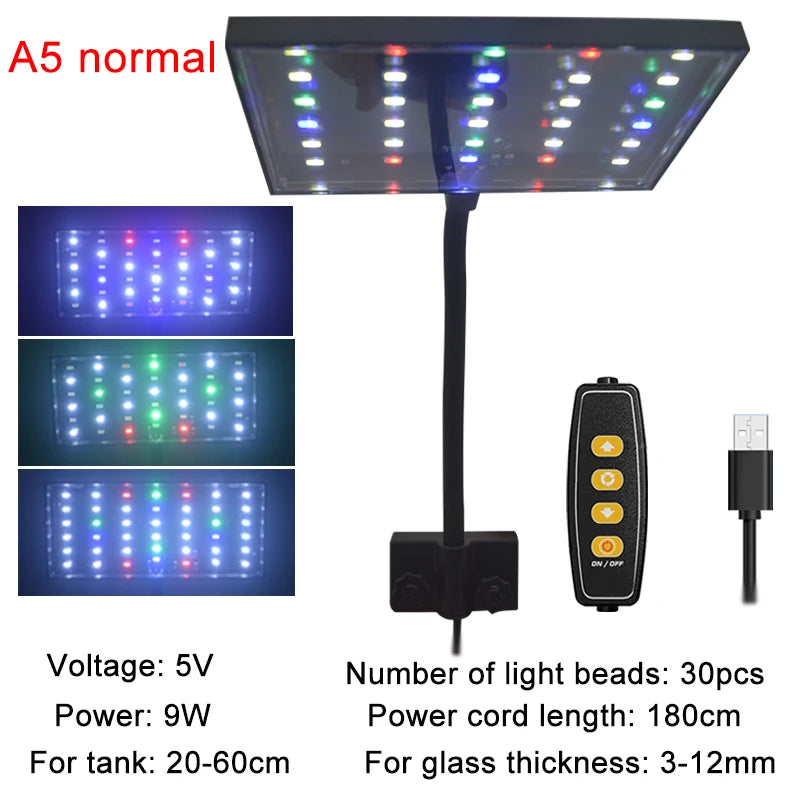 USB Aquarium LED Grow Light – Full Spectrum Clip-On Lamp with 10-Level Brightness, Timer & 360° Adjustable Arm for Planted Tanks