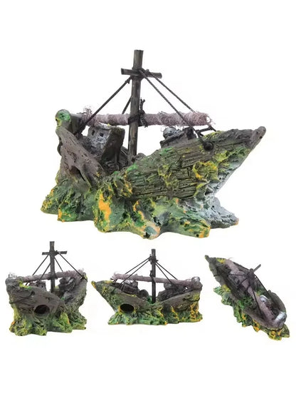 Pirate Shipwreck Aquarium Ornament – Resin Sunken Ship Cave Decoration