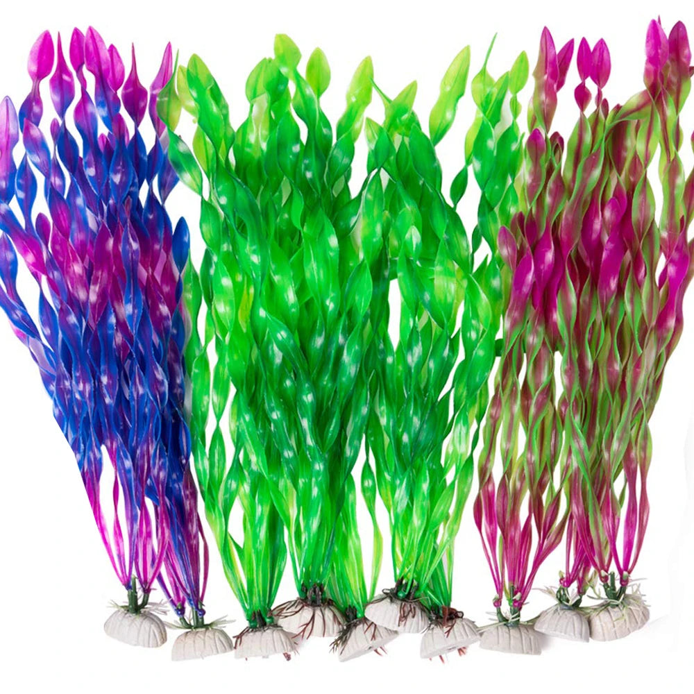 Artificial Aquarium Plants – 5pcs / 10pcs Plastic Aquatic Plants with Ceramic Base for Fish Tank Decoration