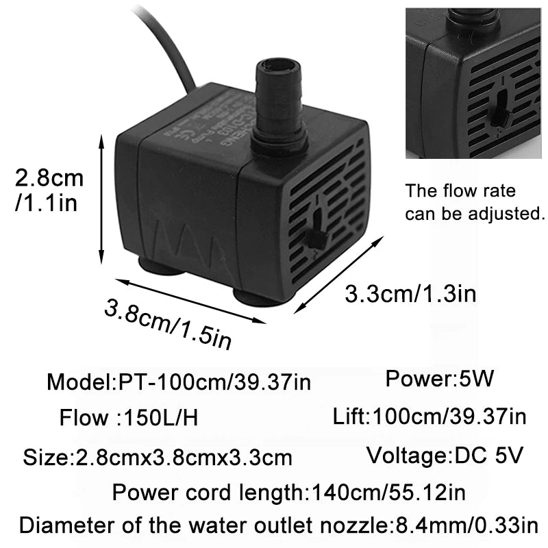 USB 5V Ultra-Quiet Aquarium Pump – Mini Submersible Filtration & Circulation Pump (3W/5W, 150L/H Flow)