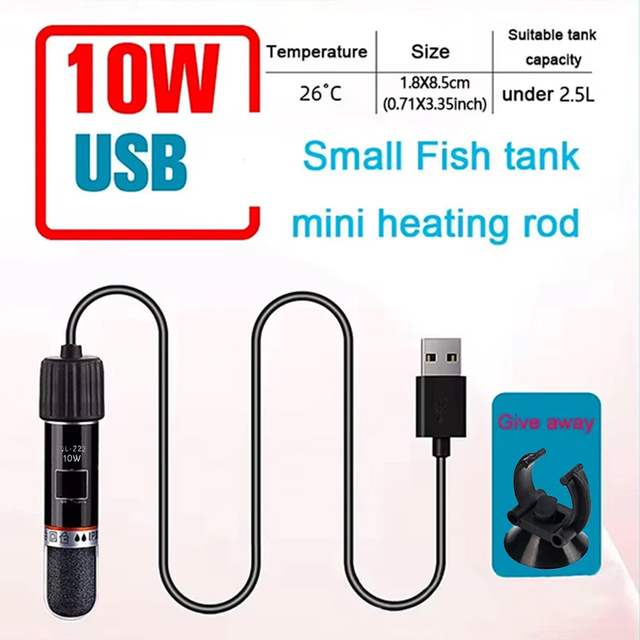USB Mini Submersible Aquarium Heater for Small Tanks, 26°C Constant Temperature, 10W