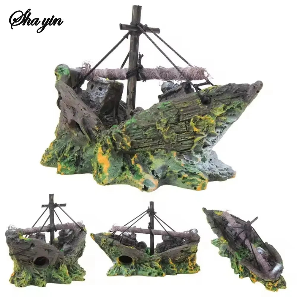 Pirate Shipwreck Aquarium Ornament – Resin Sunken Ship Cave Decoration