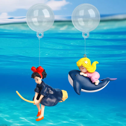 Floating Diver & Mermaid Aquarium Ornament | Mini Resin Cartoon Figure with Balloon Float for Fish Tank Decoration