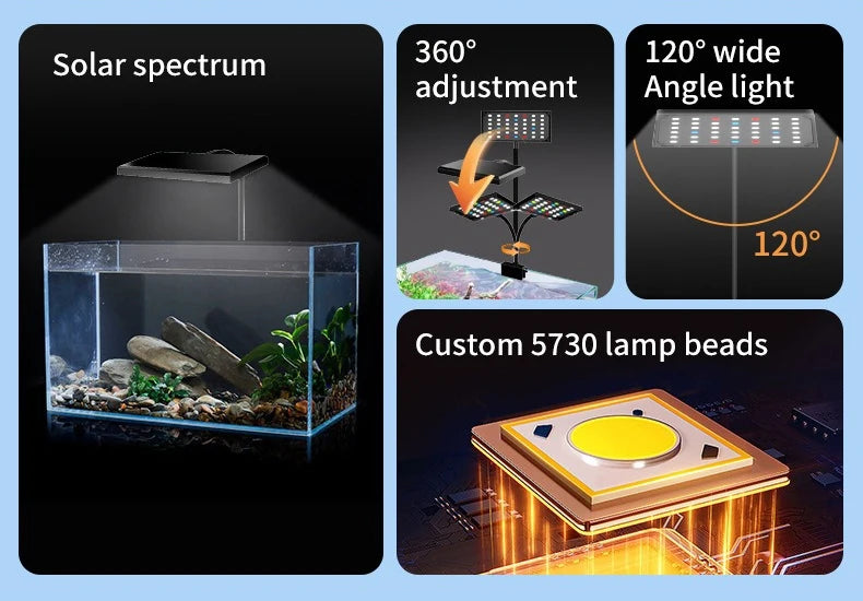 USB Aquarium LED Grow Light – Full Spectrum Clip-On Lamp with 10-Level Brightness, Timer & 360° Adjustable Arm for Planted Tanks
