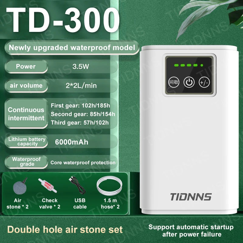 Rechargeable Aquarium Air Pump 6000mAh – Portable Oxygen Booster with AC/DC Auto-Switch & 185h Backup