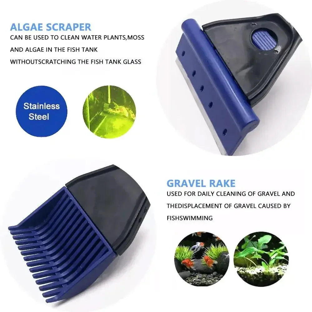 5-in-1 Aquarium Cleaning Tool Kit | Net, Algae Scraper, Sponge Brush, Plant Fork & Gravel Rake