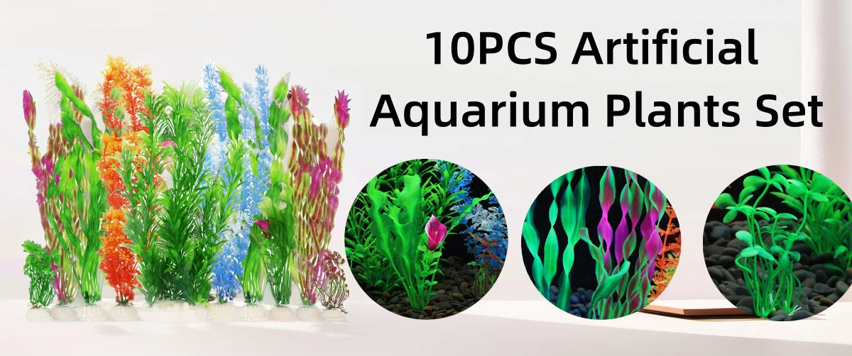 Artificial Aquarium Plants – 5pcs / 10pcs Plastic Aquatic Plants with Ceramic Base for Fish Tank Decoration