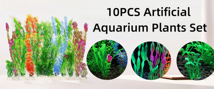 Artificial Aquarium Plants – 5pcs / 10pcs Plastic Aquatic Plants with Ceramic Base for Fish Tank Decoration