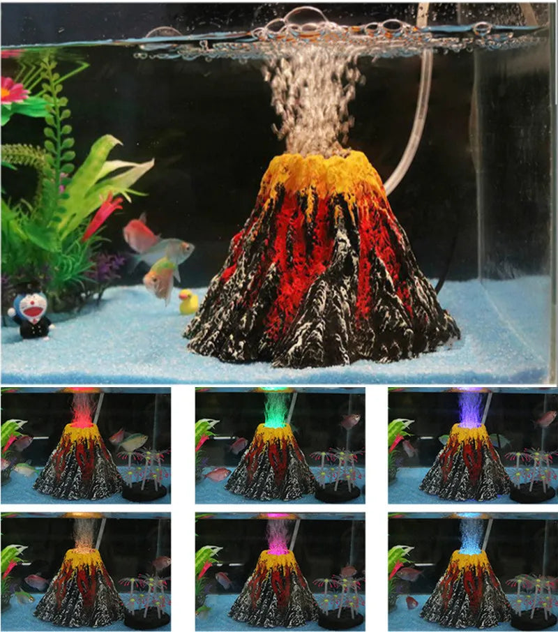 Aquarium Volcano Stone Bubble Decoration with LED Light  Eruption Ornament for Fish Tanks