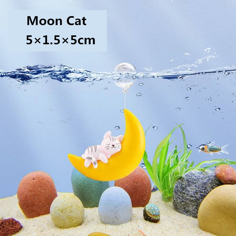 Adorable Floating Moon Series Aquarium Decoration Cartoon PVC Fish Tank Ornament Moon Bear, Cat, Dog, Rabbit