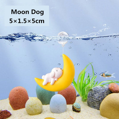 Adorable Floating Moon Series Aquarium Decoration Cartoon PVC Fish Tank Ornament Moon Bear, Cat, Dog, Rabbit