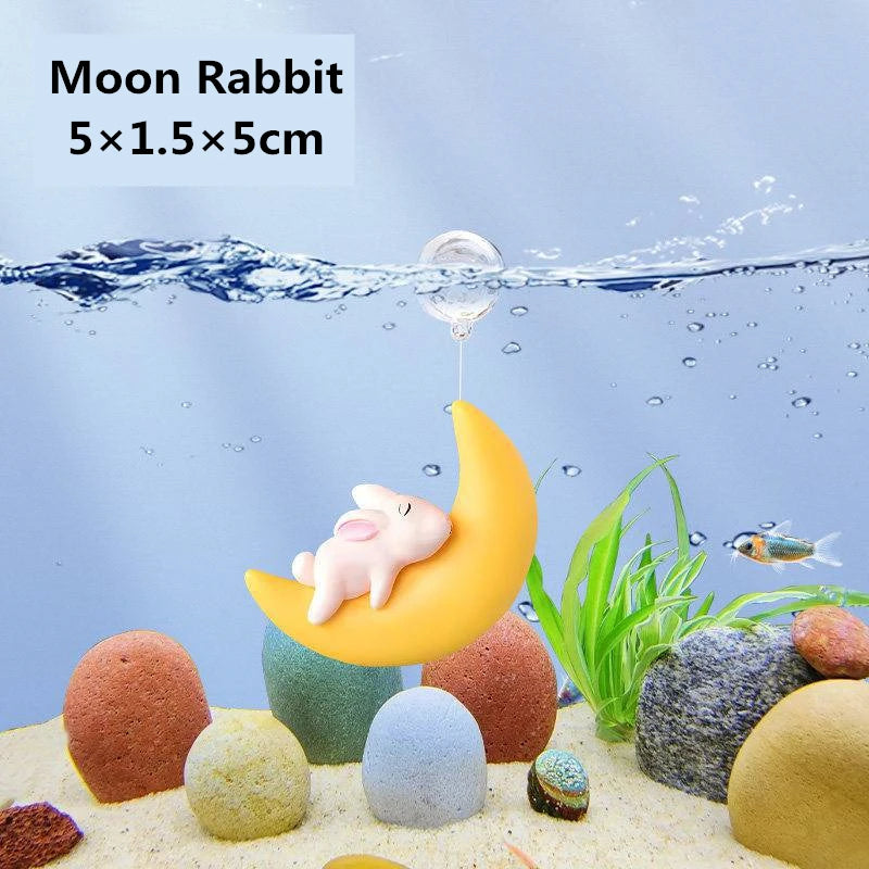 Adorable Floating Moon Series Aquarium Decoration Cartoon PVC Fish Tank Ornament Moon Bear, Cat, Dog, Rabbit