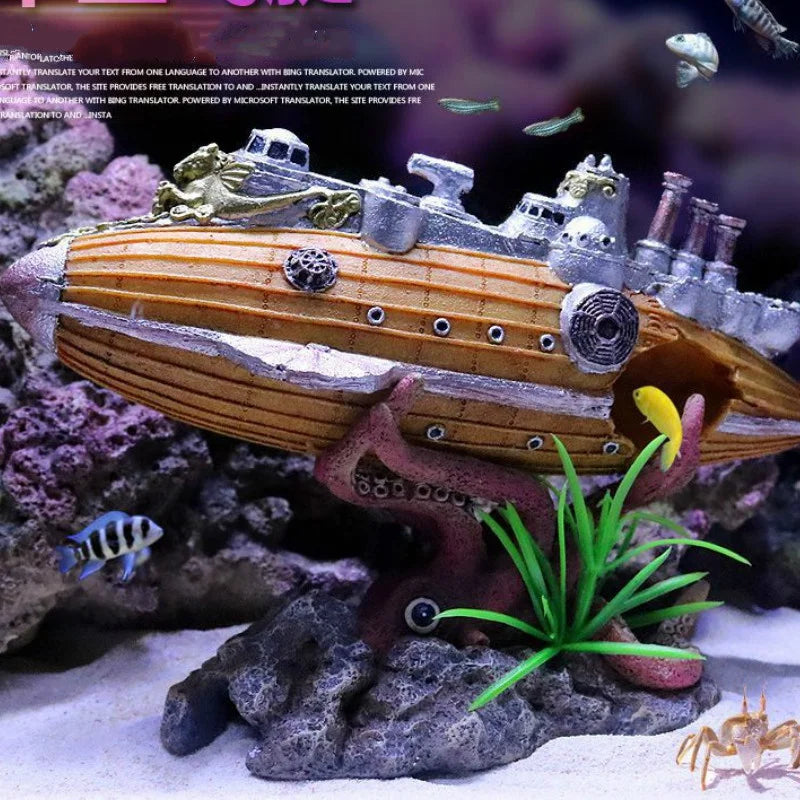 Sunken Ship & Octopus Aquarium Decoration Airship, Warship, Submarine Shelter