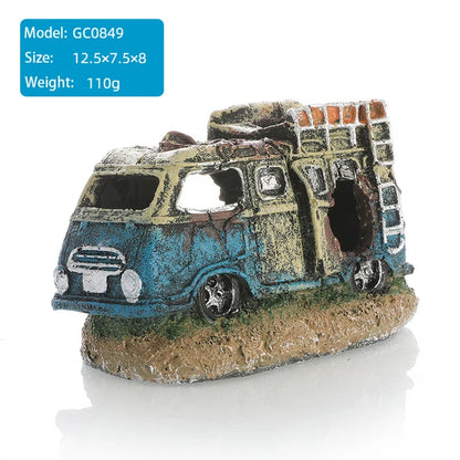 Resin Car Wreck Aquarium Decoration Fish Tank Shelter for Prawn Spawning, Fish Rest, and Play