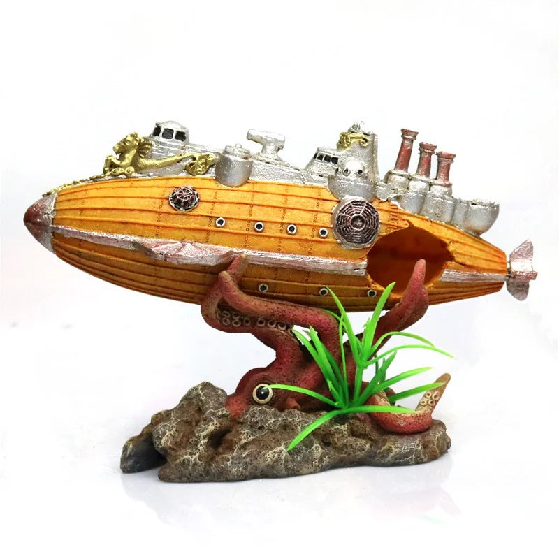 Sunken Ship & Octopus Aquarium Decoration Airship, Warship, Submarine Shelter