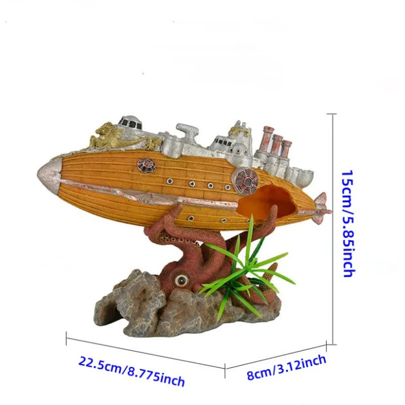 Sunken Ship & Octopus Aquarium Decoration Airship, Warship, Submarine Shelter