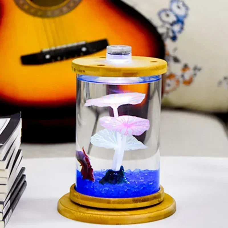 LED Cylindrical Rotating Fish Tank  Mini Desktop Glass Aquarium