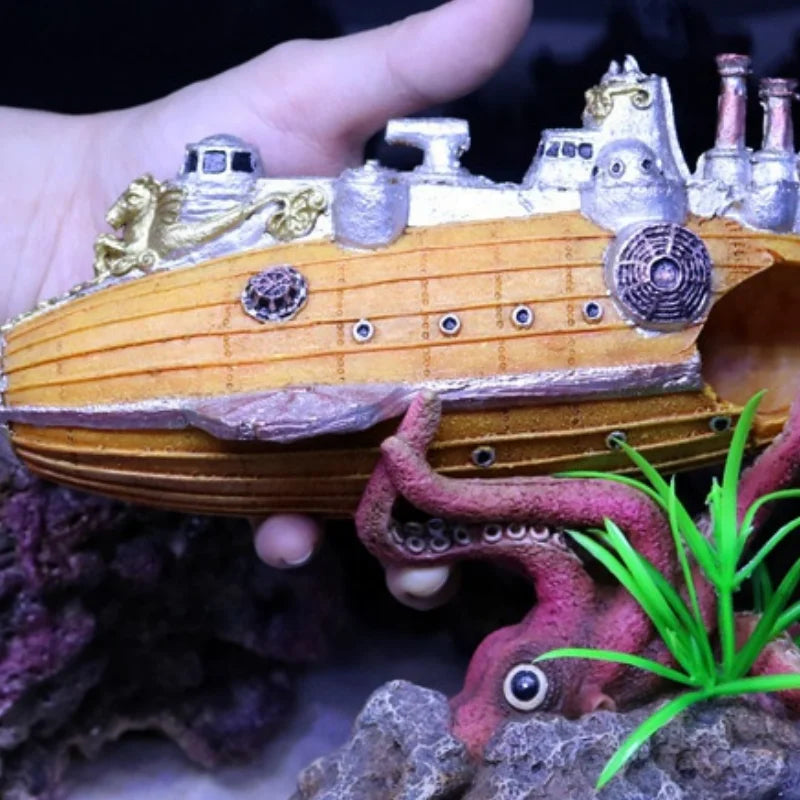 Sunken Ship & Octopus Aquarium Decoration Airship, Warship, Submarine Shelter