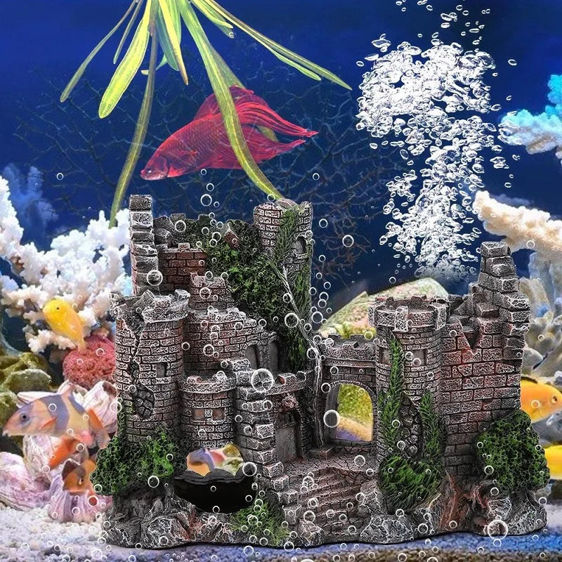 Resin Ancient Castle Tower Aquarium Ornament for Fish and Shrimp Hiding