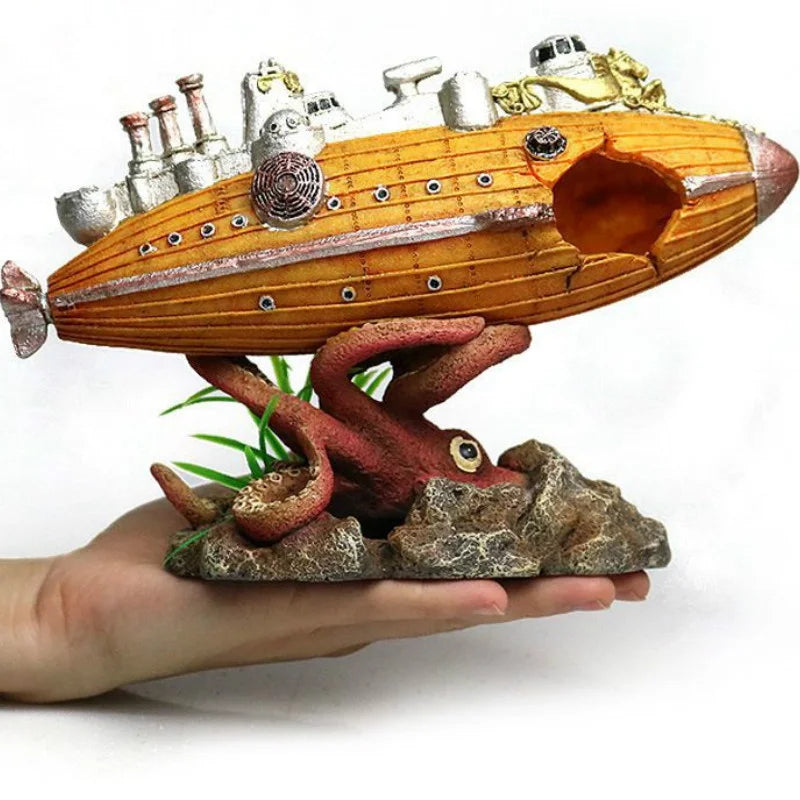 Sunken Ship & Octopus Aquarium Decoration Airship, Warship, Submarine Shelter