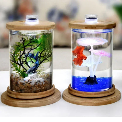 LED Cylindrical Rotating Fish Tank  Mini Desktop Glass Aquarium