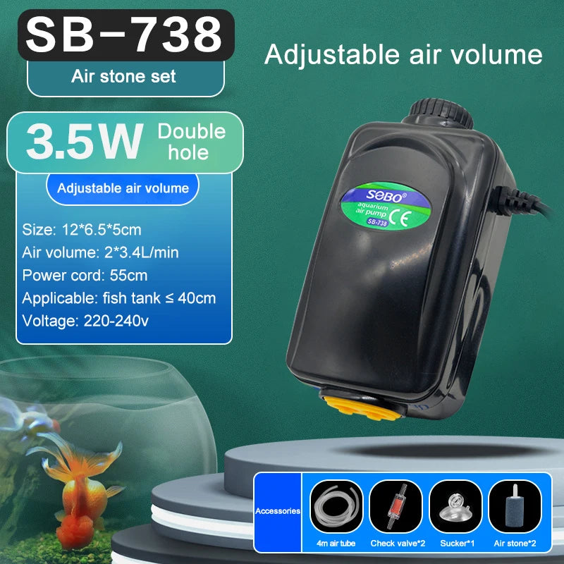 SOBO Silent Aquarium Oxygen Air Pump  Adjustable Air Volume and High Power Aerator