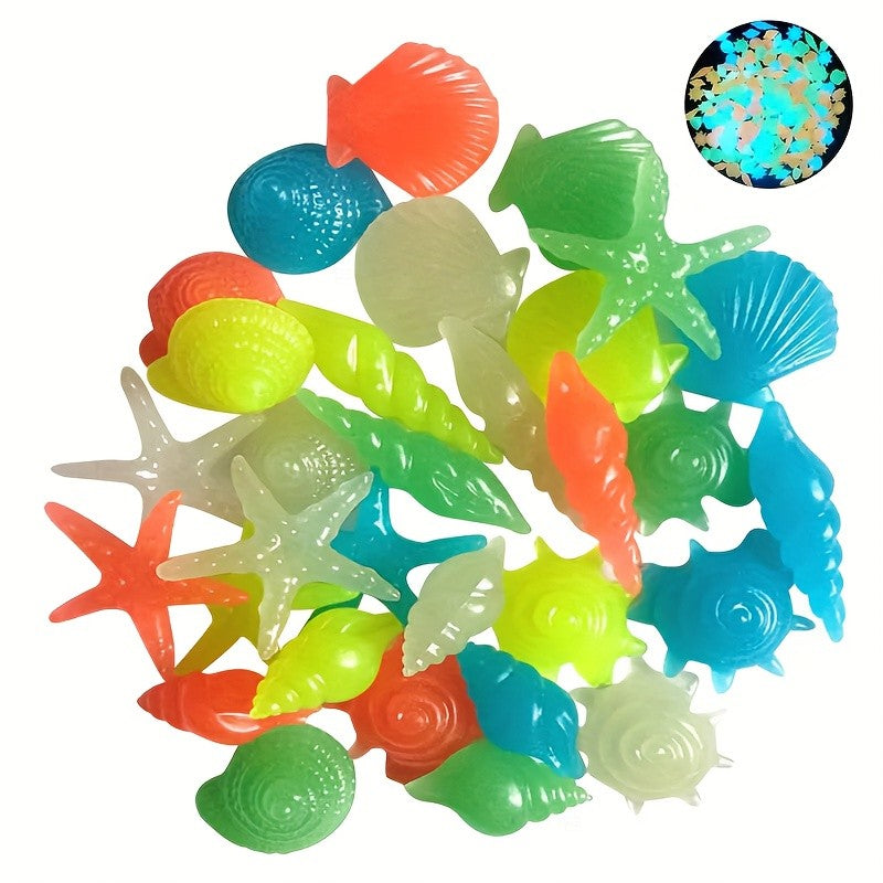 100PCS Marine Luminous Stones – Glow-in-the-Dark Aquarium Shell & Starfish Decor Stones for Landscapes, Tanks & Gardens