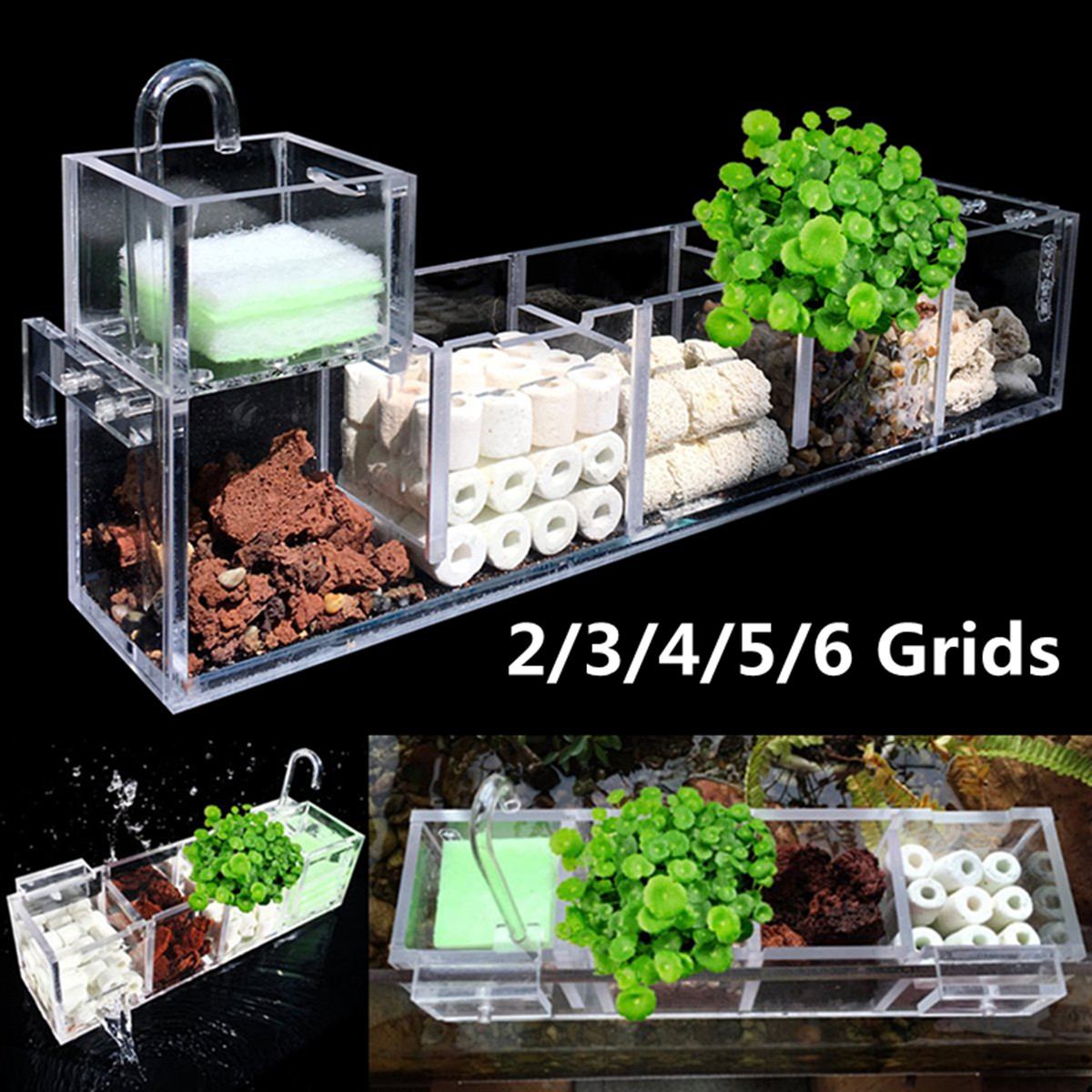 2-6 Grid Hanging Aquarium Pump Filter with Oxygen Box