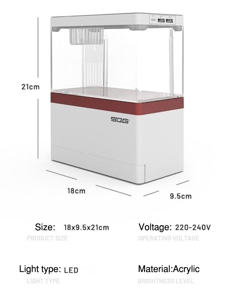 Desktop USB Mini Aquarium with LED Lamp Light, Phone Holder, and Betta Fish-Friendly Cylinder Design for a Creative Workspace