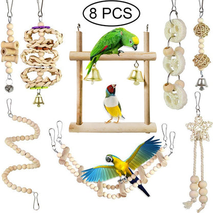 8 Pieces Parrot Toy Set  Swing, Chewing, and Rack Accessories