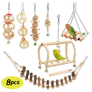 8 pcs Parrot Cockatiel Pet Bird Hanging Climbing Biting Hammock Ball Bell Full Toy Set