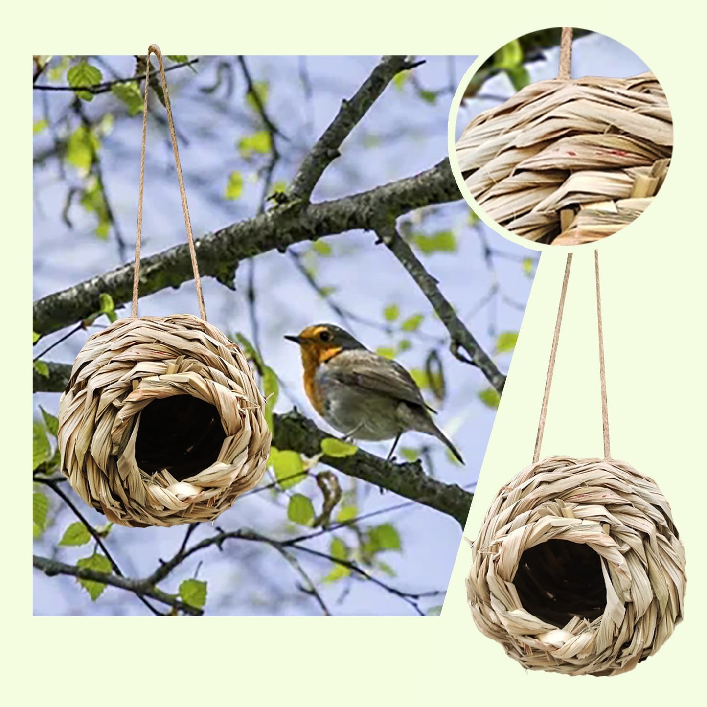 Bird Nest Natural Grass Straw House Cage  Eco-Friendly Hanging Birdhouse